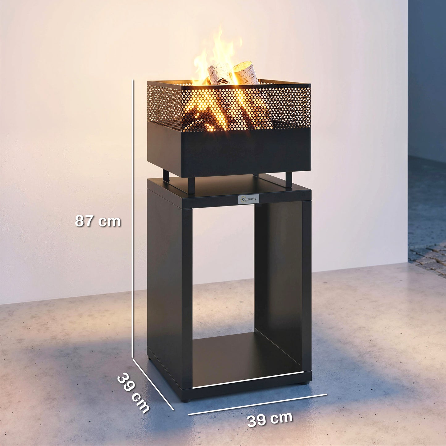 Outsunny Outdoor Fire Pit With Wood Storage 87 CM Black Heavy Gauge Metal Wood Burning With Mesh Sides