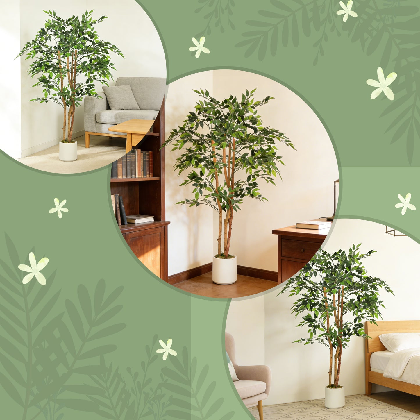 HOMCOM 150cm Artificial Ficus Tree With Solid Wood Trunk In White Pot For Indoor Decor Green Foliage