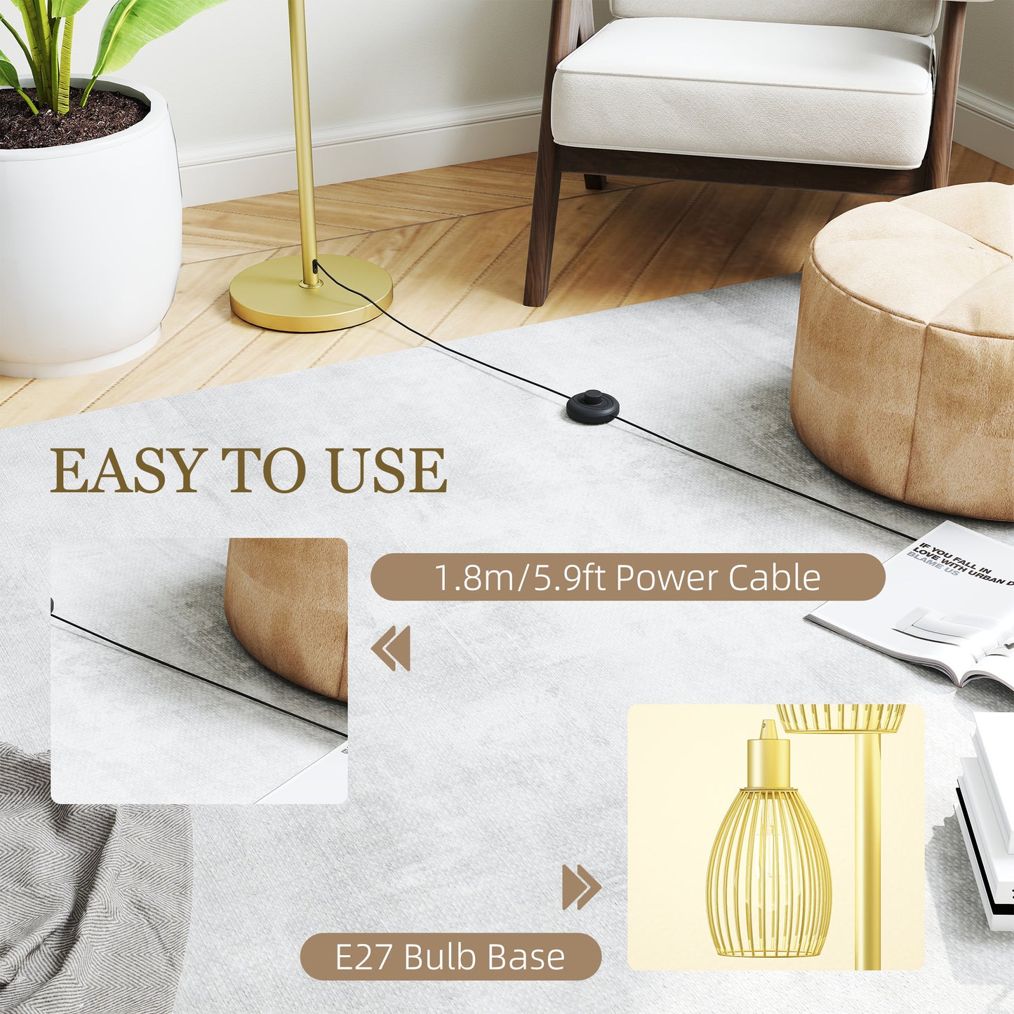 HOMCOM Three Light Floor Lamp 170cm Living Room Dimmable Standing Lamp With Steel Wire Cage Lampshades Gold Tone