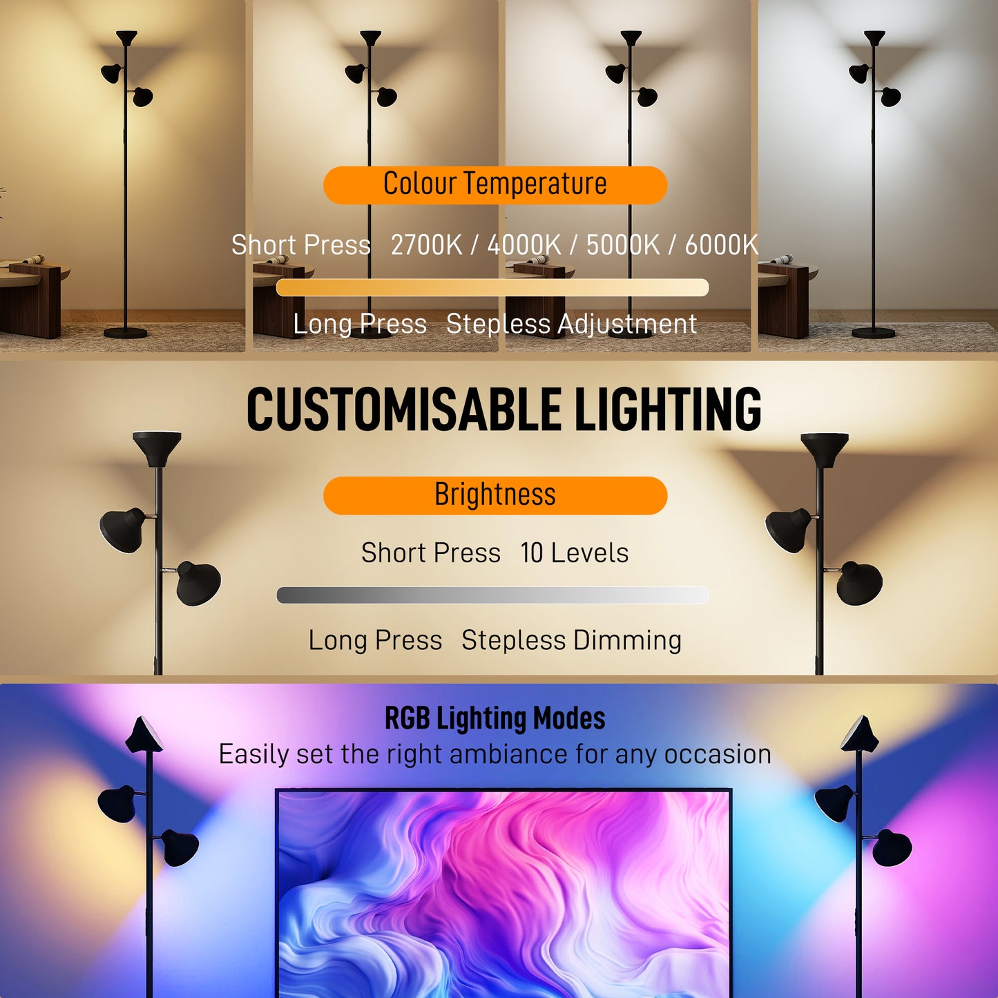 HOMCOM Three Lamp Floor Lamp With RGB Colors And Tunable White 2700K To 6000K Nine Scene Modes Timer Black