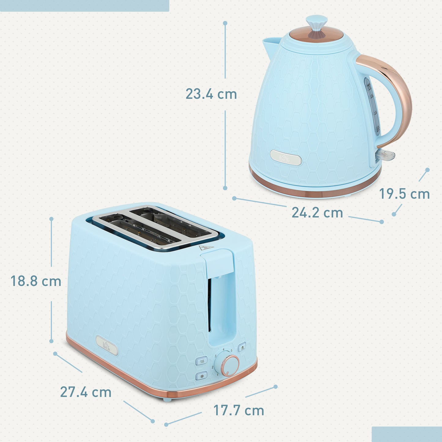 HOMCOM 1.7L 3000W Fast Boil Kettle And 2 Slice Toaster Set With Auto Shut Off And Browning Controls Light Blue