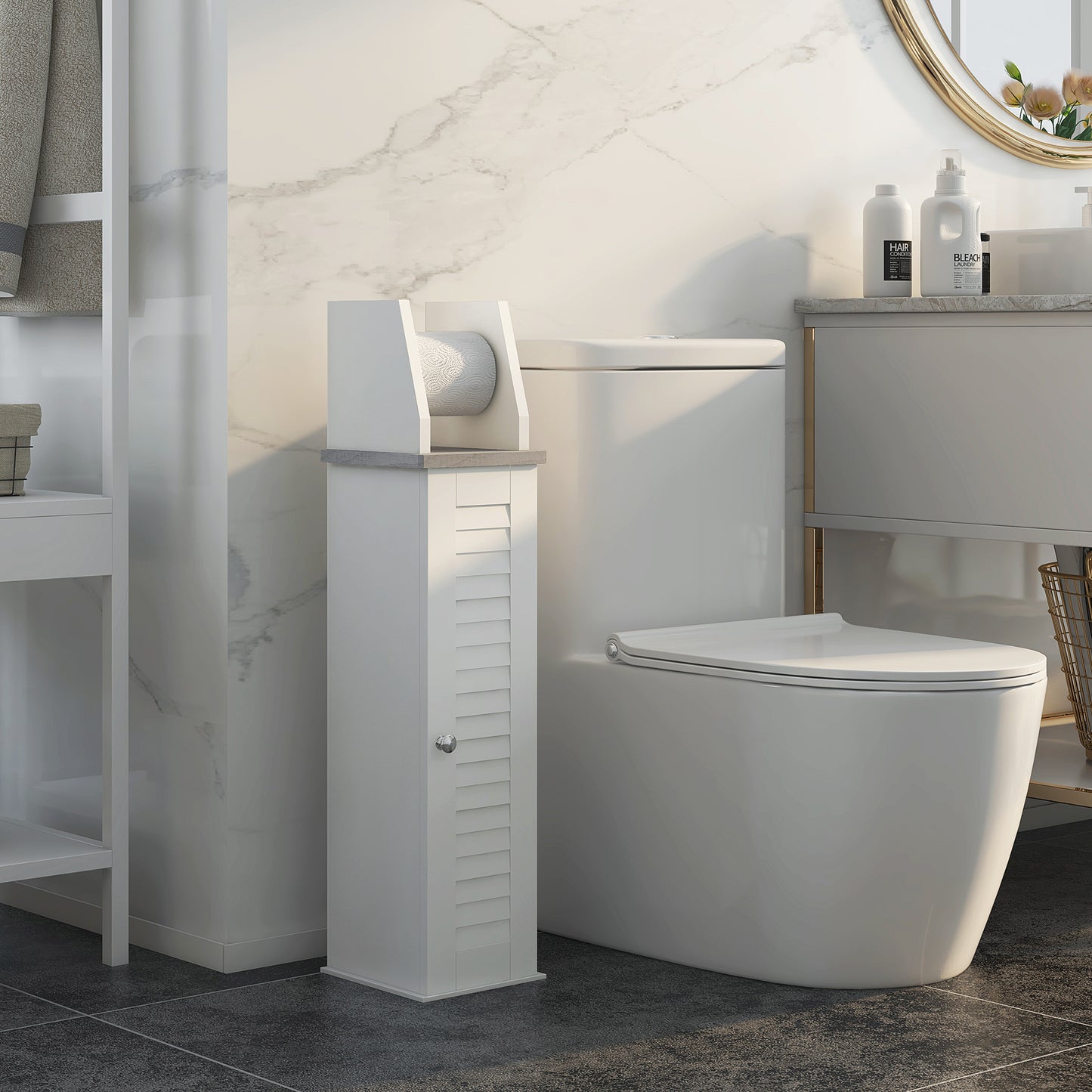 Kleankin Sleek White Bathroom Storage Cabinet with Adjustable Shelf and Toilet Roll Holder - ALL4U RETAILER LTD