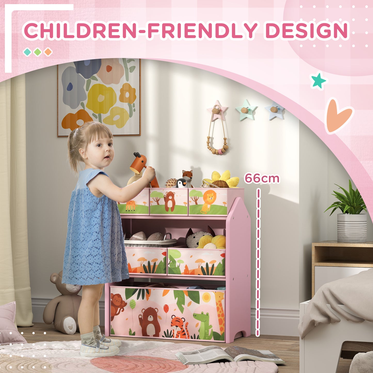AIYAPLAY 3 Tier Kids Toy Storage Unit With 6 Removable Boxes Pink For Playroom Bedroom Nursery