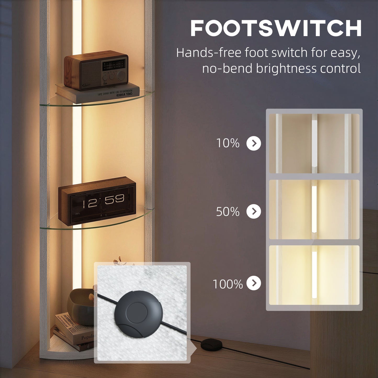 HOMCOM LED Floor Lamp With Shelves Five Tier Dimmable Standing Lamp With Foot Switch For Living Room And Bedroom Grey