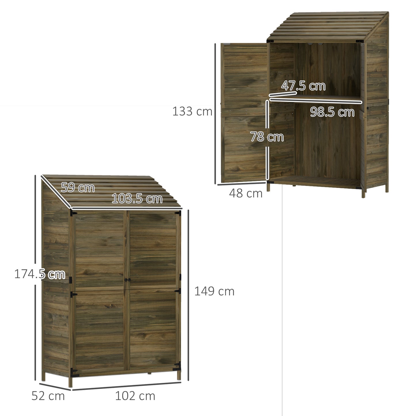 Outsunny Wooden Garden Shed 103.5 X 59 Cm Brown For Tools And Boots With Upper And Lower Shelves