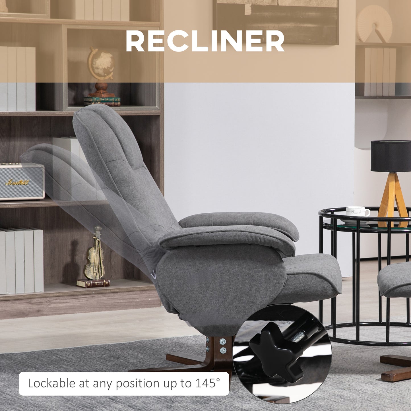 HOMCOM Linen Swivel Recliner Chair With Upholstered Footstool And Wooden Base In Grey For Living Room Comfort