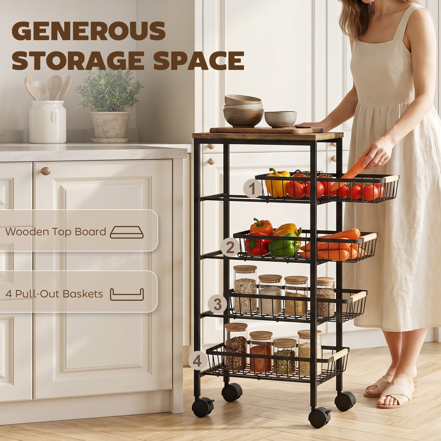HOMCOM Metal Kitchen Trolley 4 Tier Storage With Pull Out Baskets And 4 Swivel Casters Rustic Brown