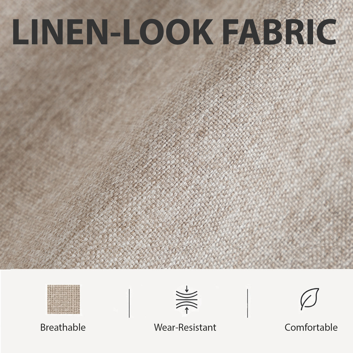 Linen-look upholstery fabric close-up on a light beige recliner chair