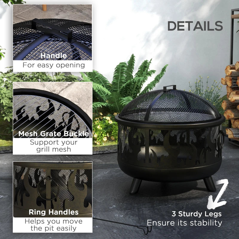 Outsunny Black Steel Fire Pit BBQ with Poker - Multi-Functional Outdoor Fire Feature for Grilling and Entertaining - ALL4U RETAILER LTD