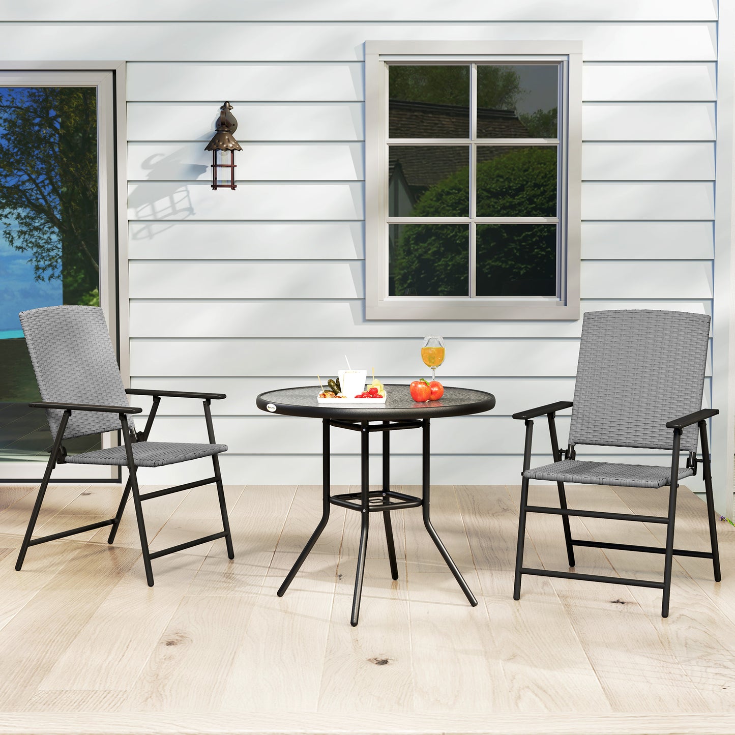 Outsunny Folding Rattan Chairs Set Of Two Outdoor Grey Weather Resistant Steel Frame Patio Seating