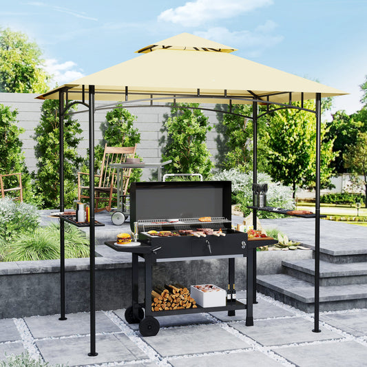Outsunny 8x5 Grill Gazebo With Double Tiered Canopy And LED Lights 2 Side Shelves Hooks Beige