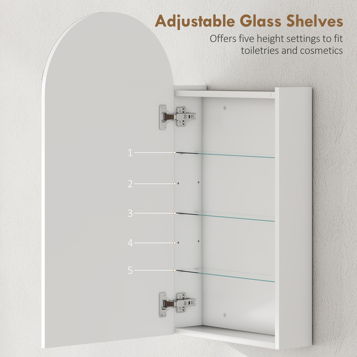 HOMCOM Arched Frameless Bathroom Mirror Cabinet With Adjustable Glass Shelves White