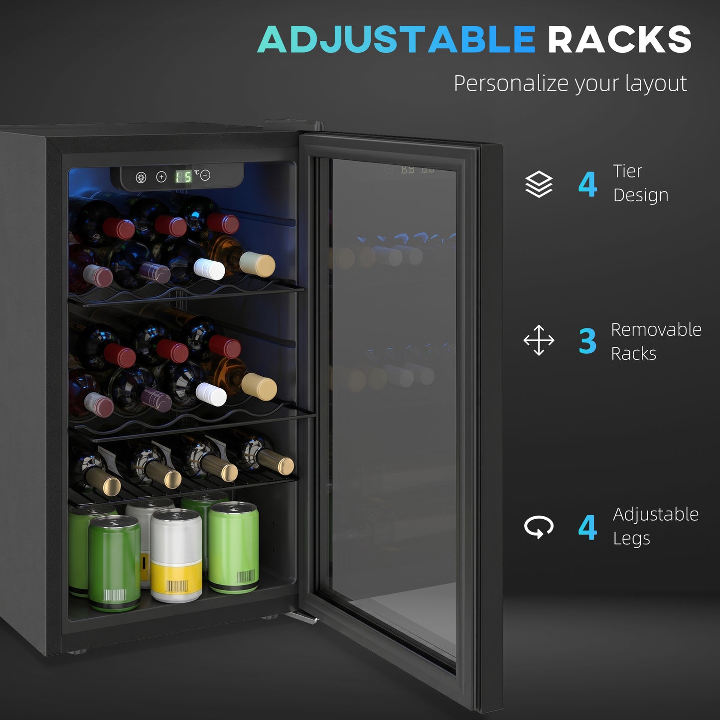 HOMCOM 24 Bottle Wine Cooler With Glass Door 68 Litre Capacity Freestanding Beverage Fridge 4 To 16 C Black