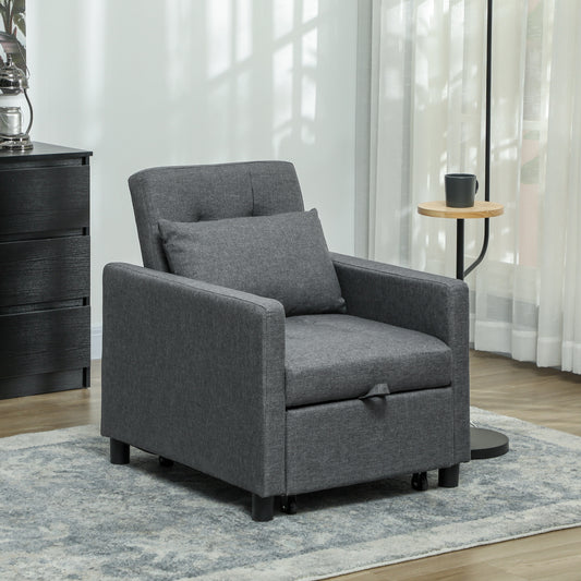 HOMCOM 3-In-1 Convertible Sleeper Chair Bed With Adjustable Backrest Pillow And Footrest For Living Room Dark Grey