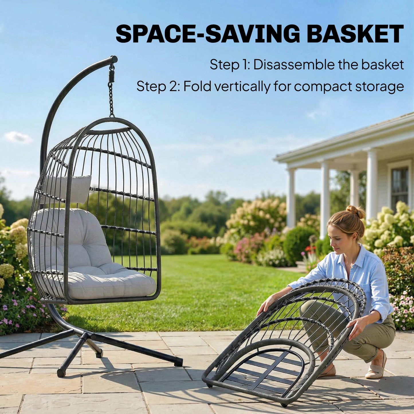 Outsunny Hanging Egg Chair With Stand, Indoor Outdoor Swing Chair With Cushion, Adjustable Height, Safety Strap, Grey