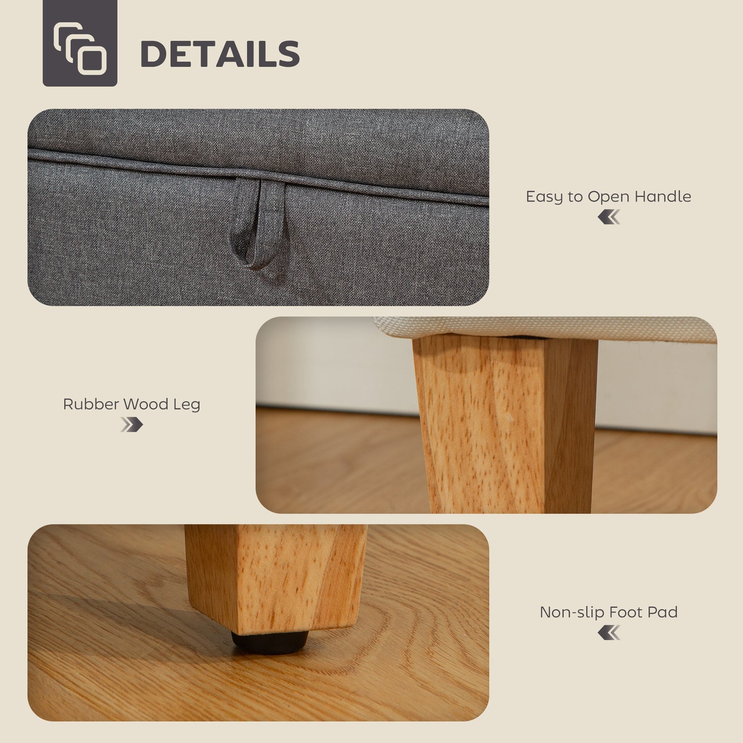 Homcom 16L Linen Storage Ottoman With Padded Seat And Rubberwood Legs Bed End Shoe Bench Charcoal Grey