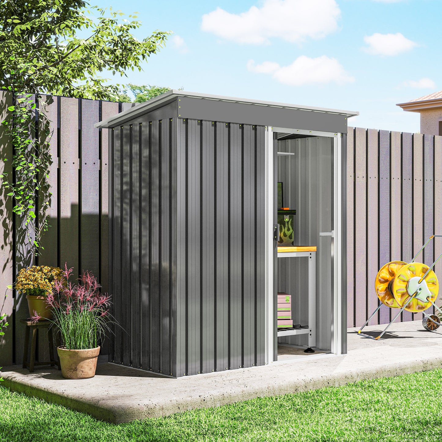 Outsunny 5x3 Ft Garden Storage Shed With Sliding Door Sloped Roof For Outdoor Tools Light Grey
