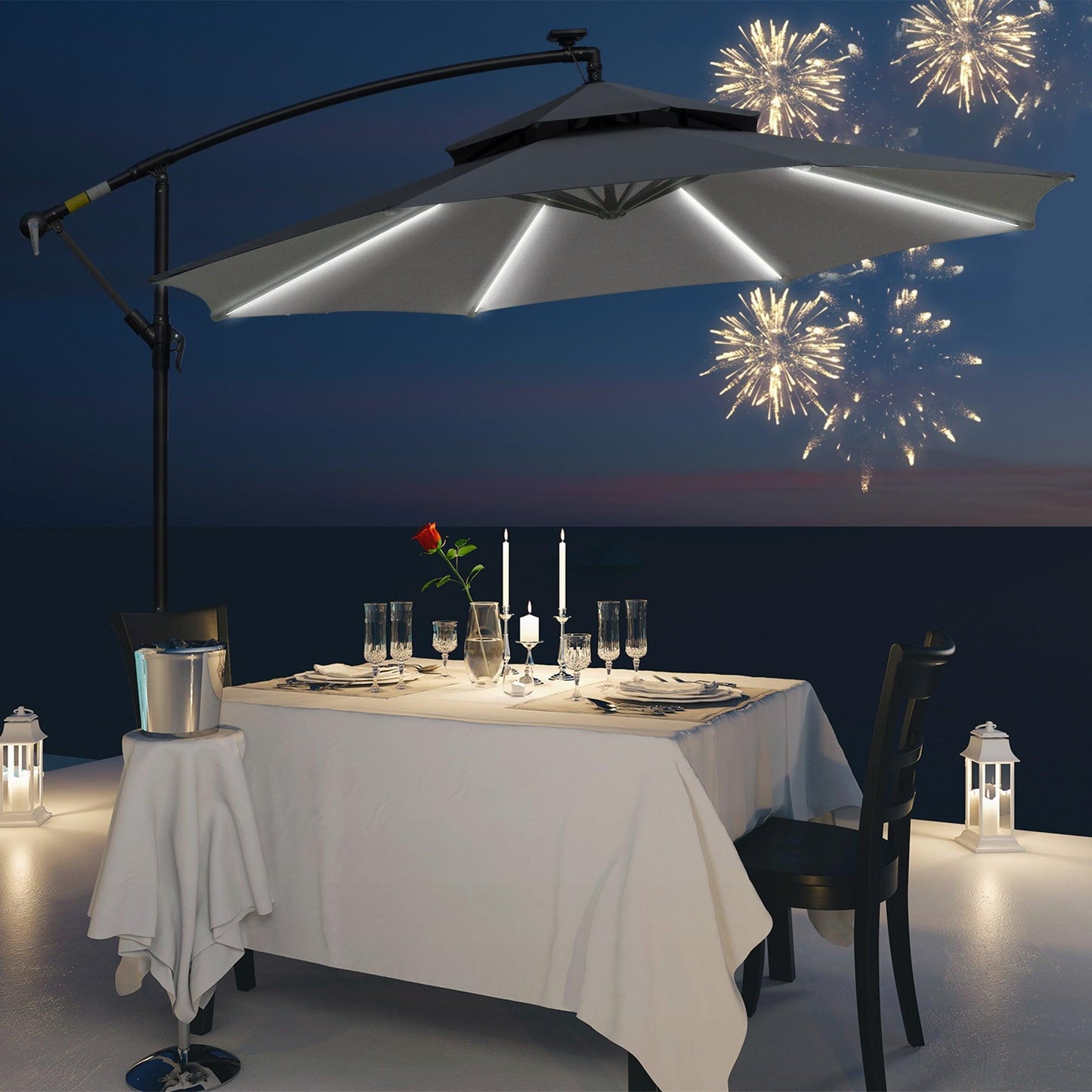 Outsunny 3m Cantilever Umbrella with Double Roof, LED Solar Lights - ALL4U RETAILER LTD