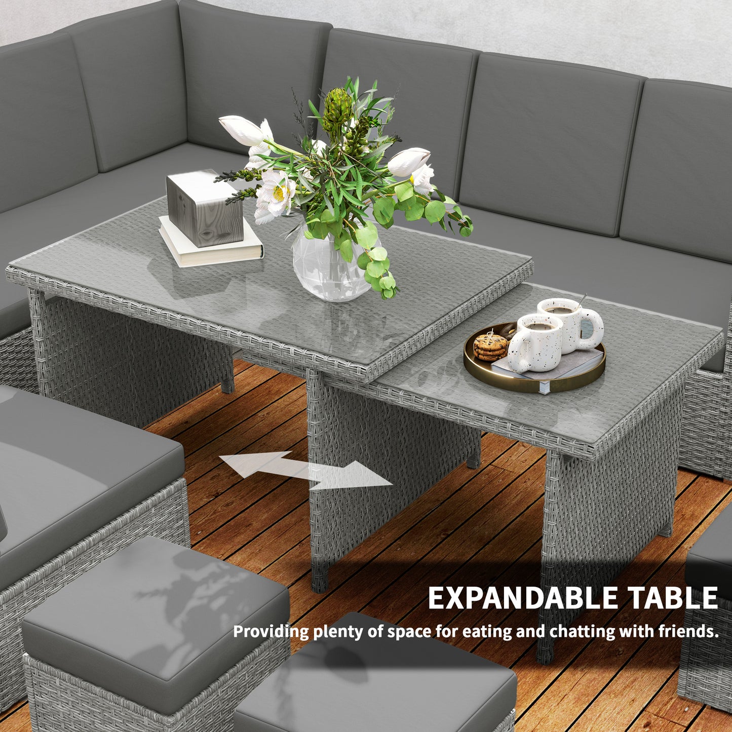 Outsunny Seven Piece Rattan Garden Sofa Set With Expanding Table Light Grey Seats Up To Ten People