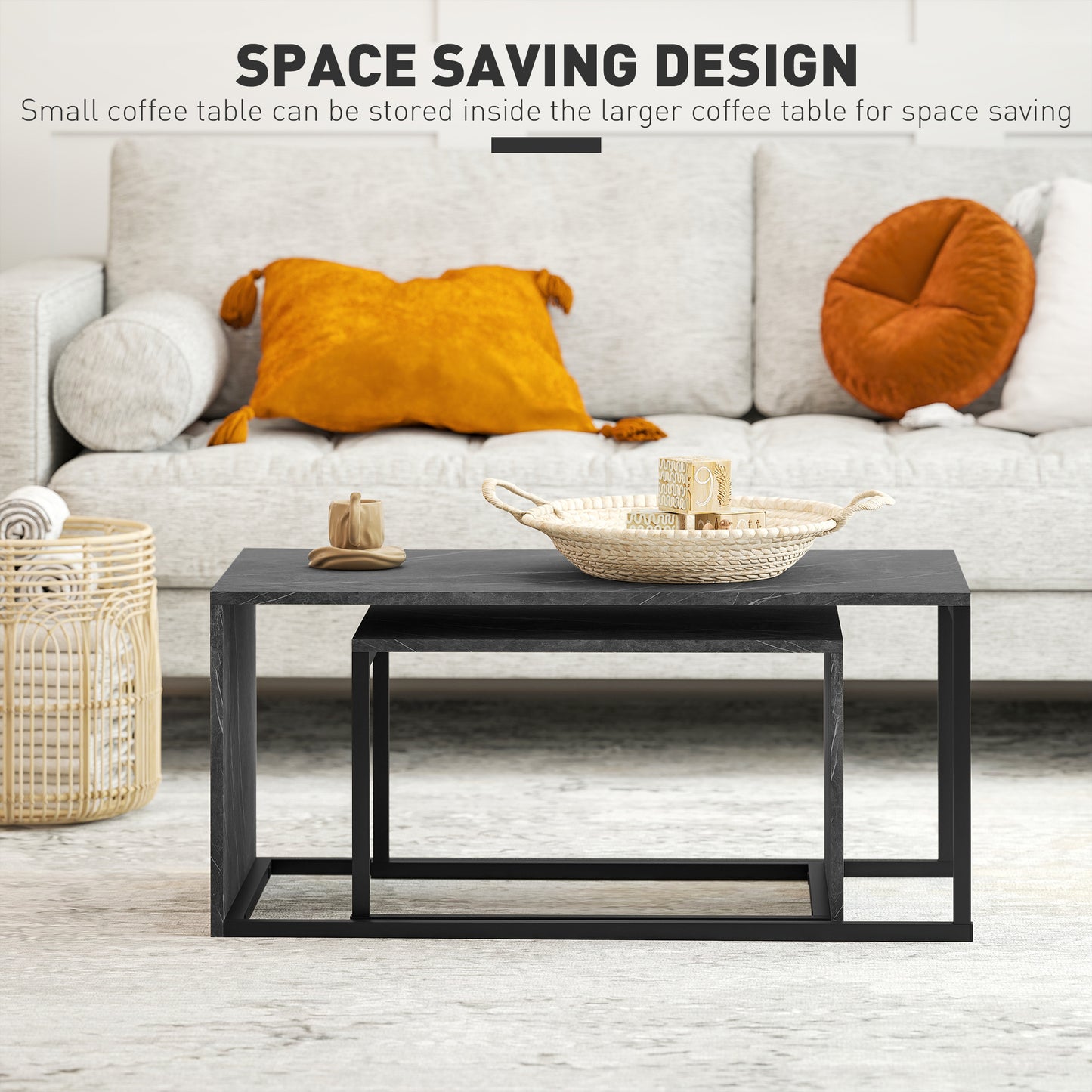 HOMCOM Nesting Coffee Tables Set of 2 Industrial Stacking Side Tables with Metal Frame Dark Grey Marble Effect