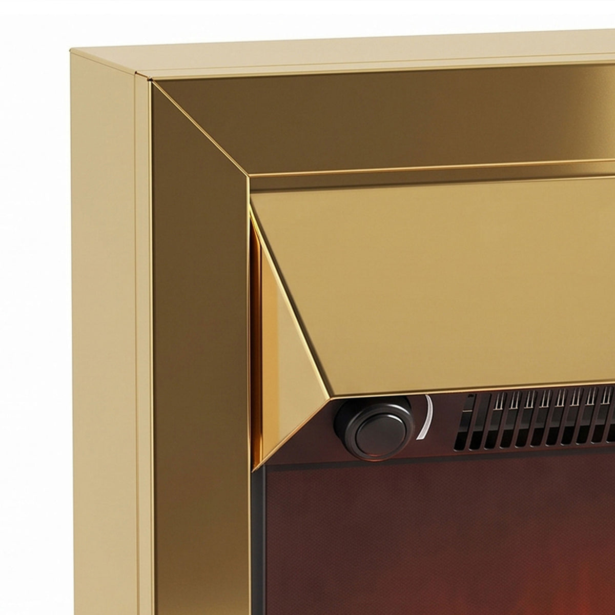 Close-up of brass electric fireplace stove control knob and vented heater grille