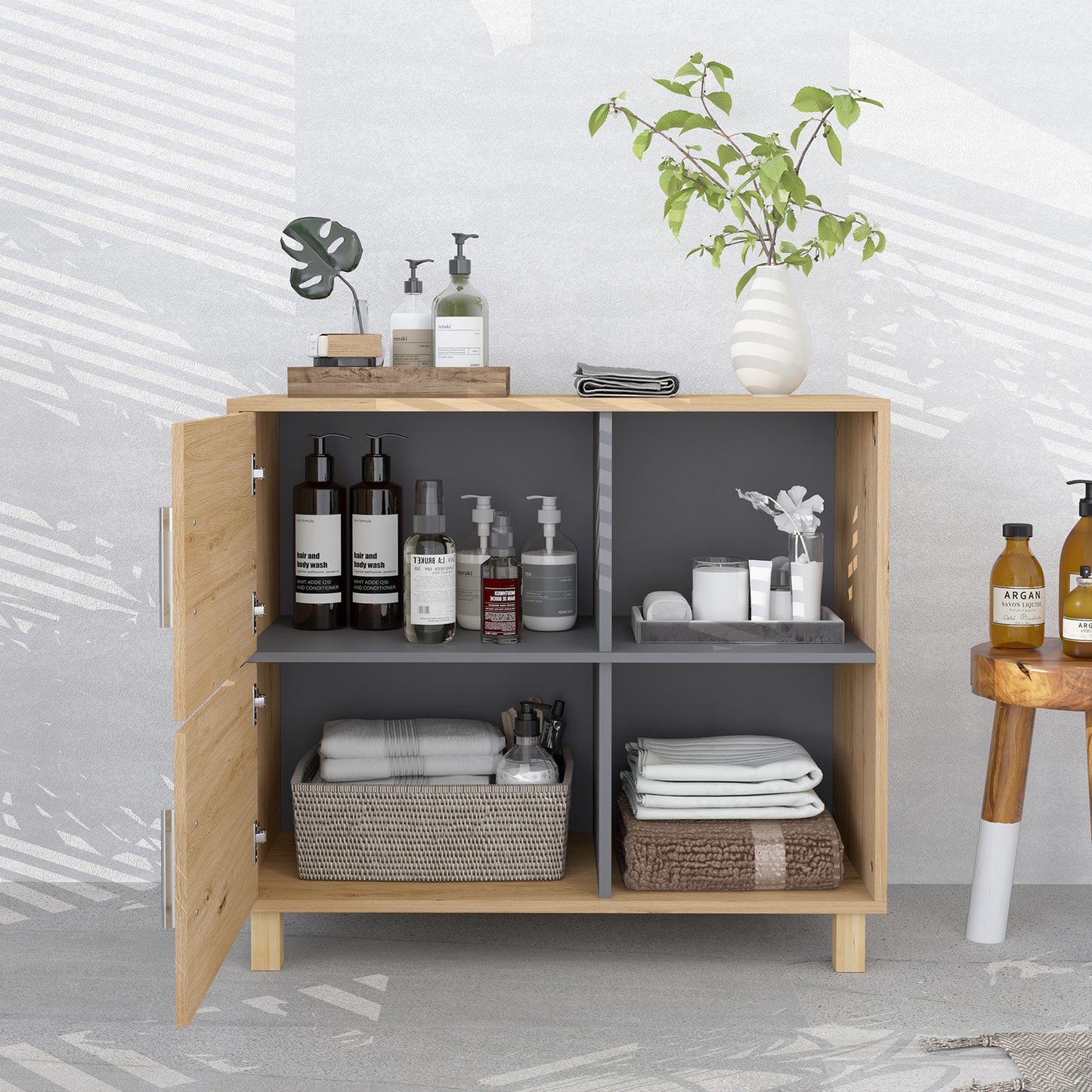 HOMCOM Freestanding Bathroom Cabinet With Open Compartments And Double Doors For Extra Storage