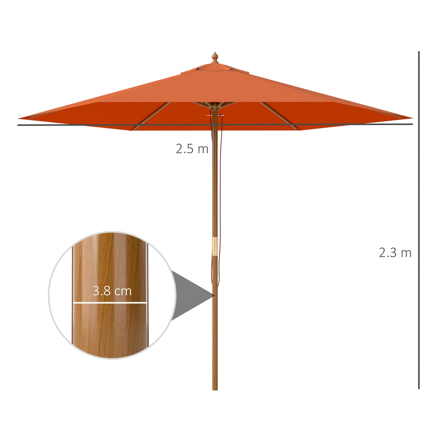 Outsunny 2.5m Wood Garden Parasol Sun Shade Patio Umbrella With Vent And Rope Pulley Mechanism 38mm Pole Orange