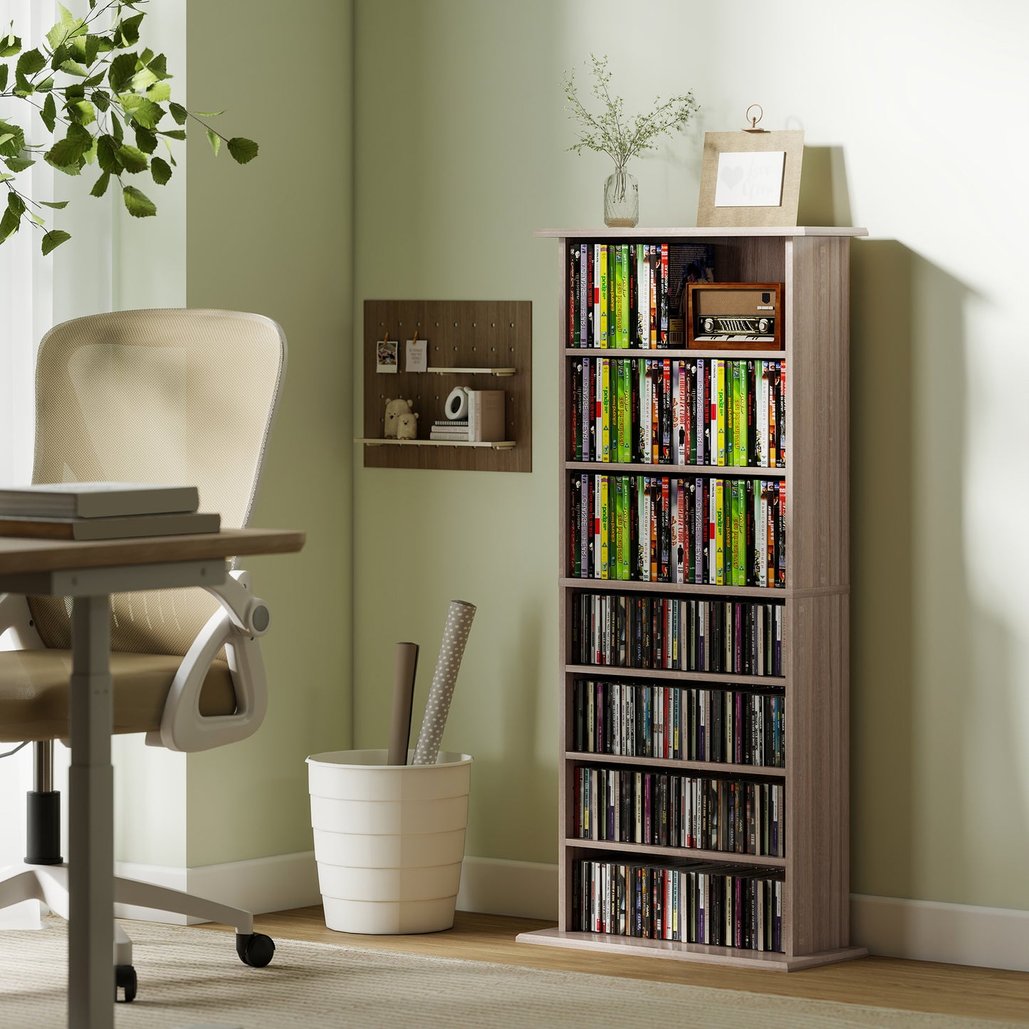 HOMCOM 360 CD DVD Storage Unit Natural Wood Finish With 8 Shelves Adjustable Shelf Space And Anti Tip Straps