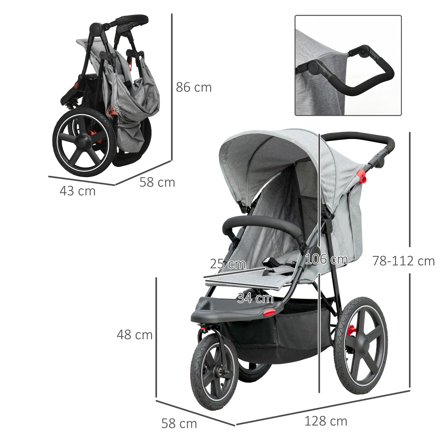 HOMCOM Compact Foldable Three-Wheel Toddler Stroller with Adjustable Canopy and Storage Basket - Grey - ALL4U RETAILER LTD