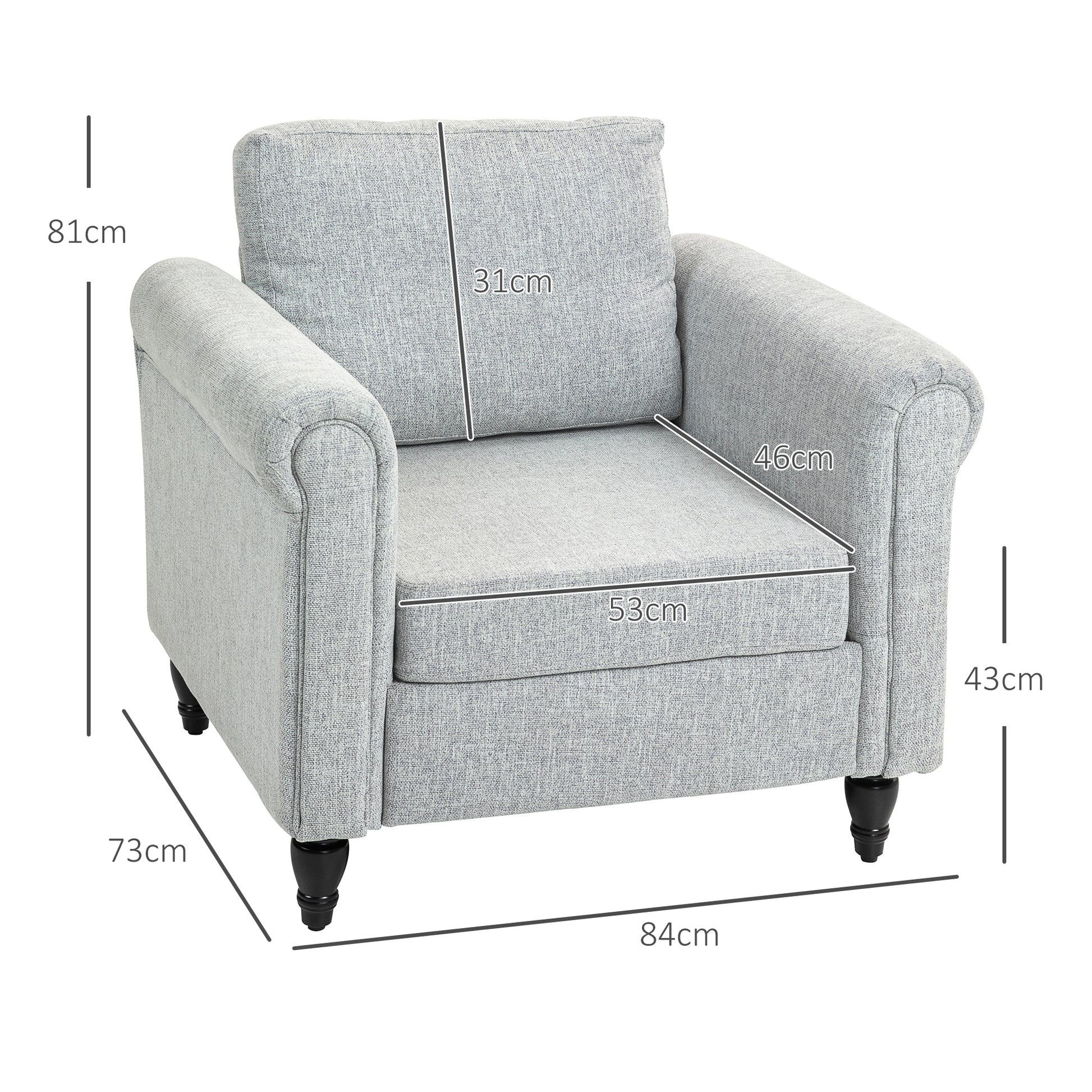 HOMCOM Classic Light Grey Upholstered Accent Chair with Removable Pillow and Rolled Arms - ALL4U RETAILER LTD