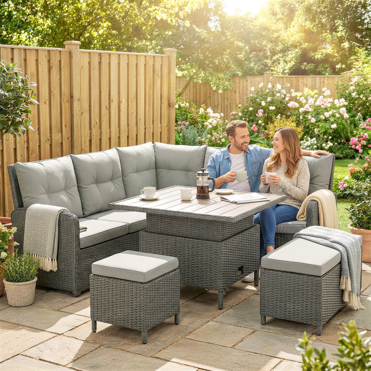Outsunny Six Piece Outdoor PE Rattan Patio Furniture Set With Corner Sofa And Wicker Lounge Conversation Set