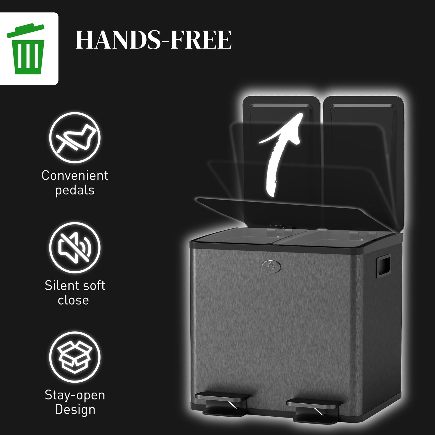 HOMCOM 30L Dual Compartment Stainless Steel Bin With Deodoriser Holders Black For Home And Kitchen