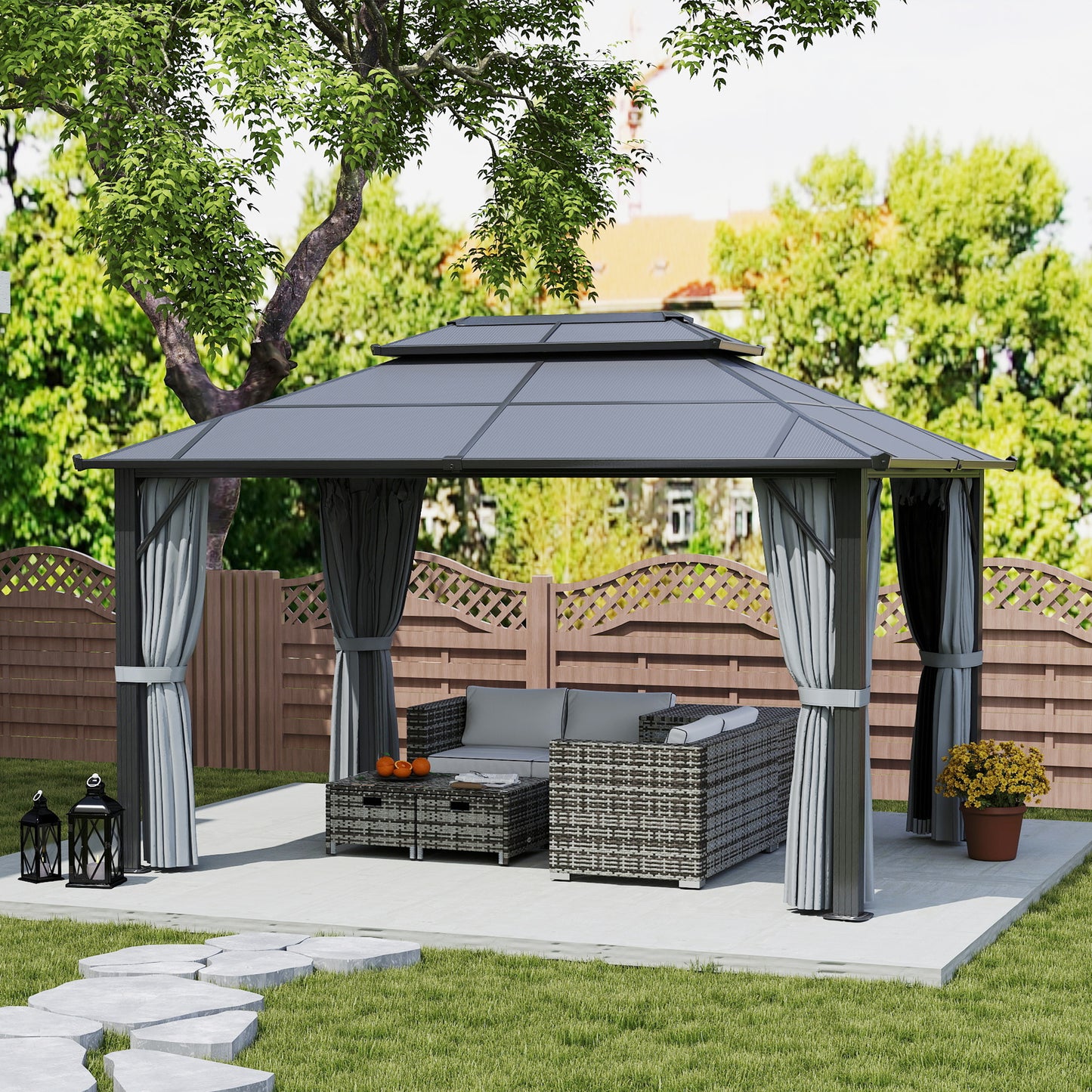 Outsunny 3x4m Hardtop Gazebo UPF30 Double Polycarbonate Roof Aluminum Frame Mosquito Netting Curtains Grey