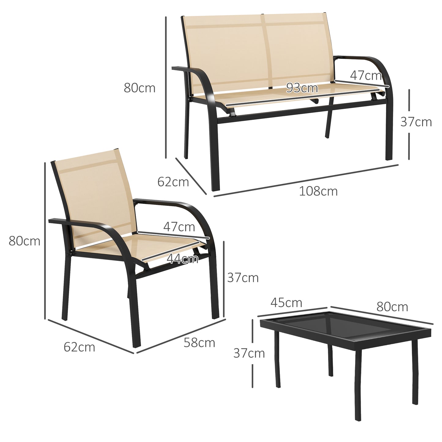 Outsunny 4-Piece Curved Steel Outdoor Lounge Set with Loveseat, 2 Texteline Chairs, and Glass Top Table for Garden and Patio - Beige - ALL4U RETAILER LTD