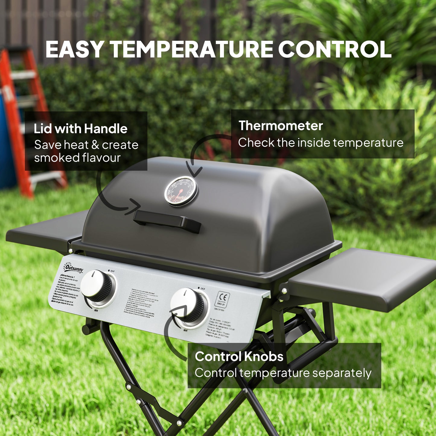 Outsunny Two Burner Portable Suitcase Gas Grill With Piezo Ignition And Side Tables Black