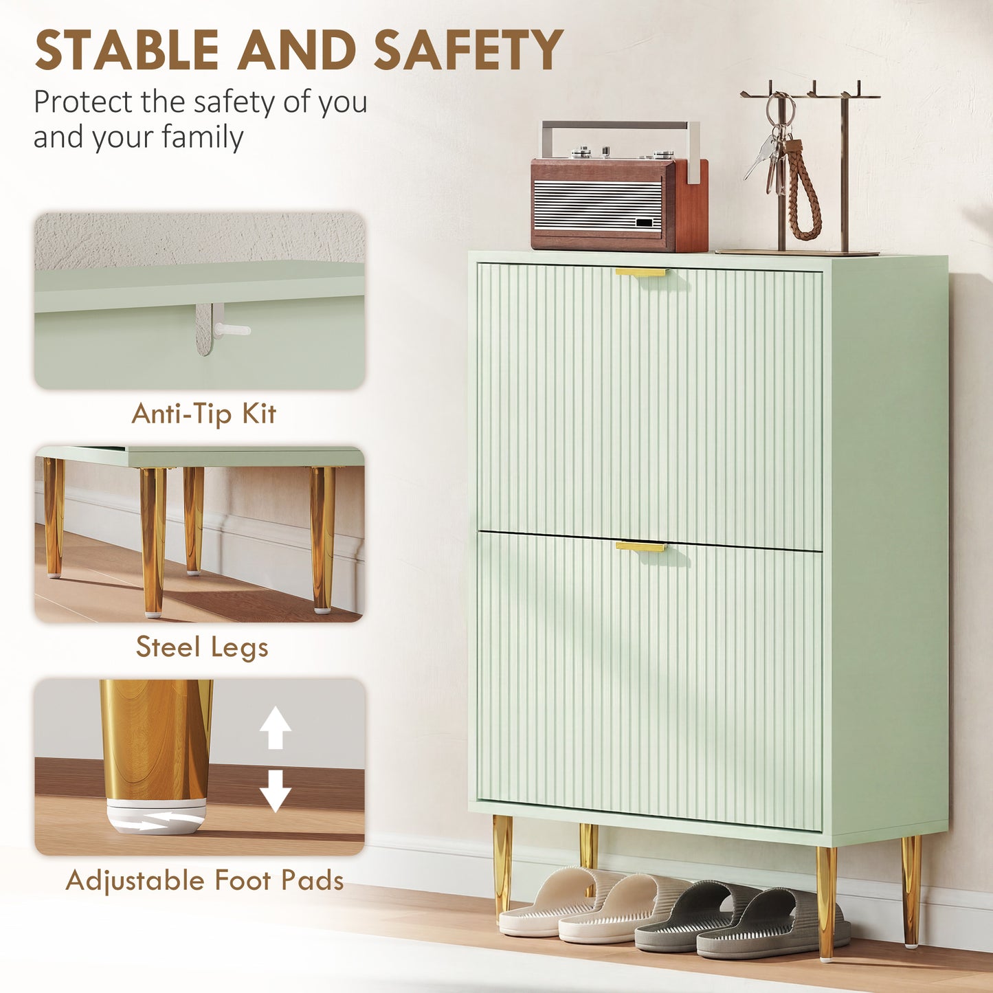 HOMCOM Elegant Two Drawer Shoe Cabinet In Light Green With Ridged Front Doors And Gold Accents Holds 6 to 12 Pairs