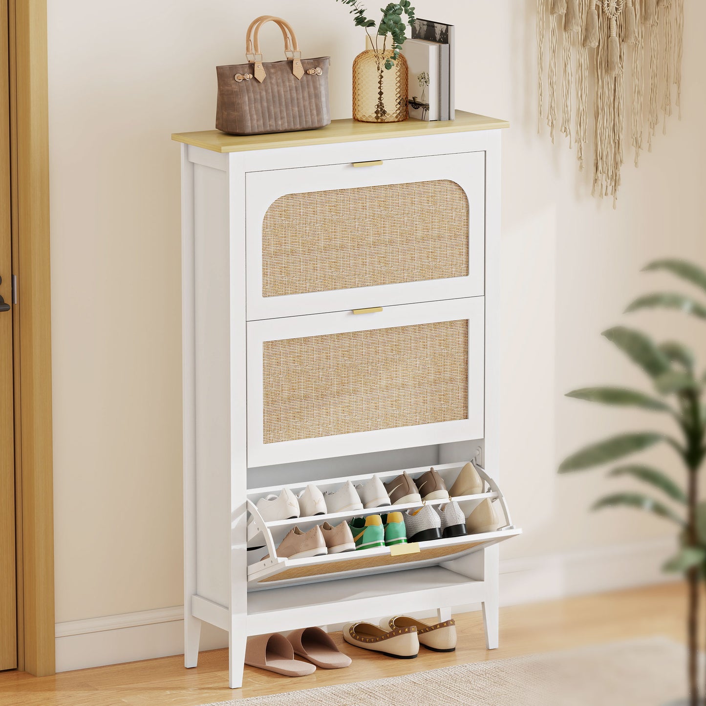 HOMCOM Narrow Shoe Cabinet Boho Slim Shoe Storage With 3 Flip Drawers Holds 21 Pairs White
