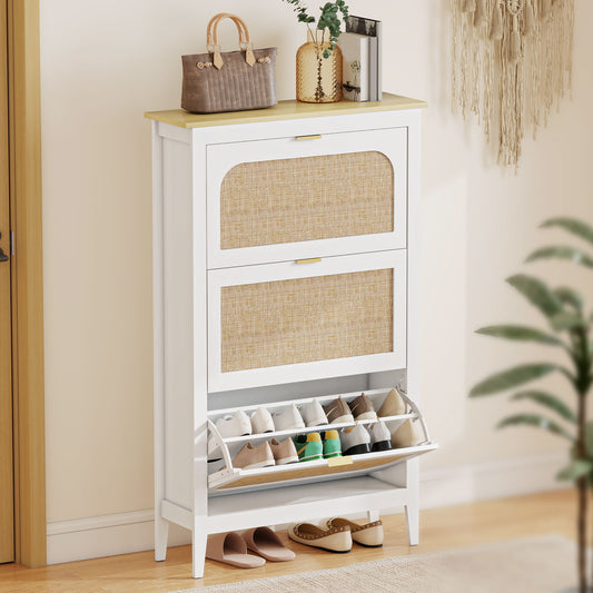 HOMCOM Narrow Shoe Cabinet Boho Slim Shoe Storage With 3 Flip Drawers Holds 21 Pairs White