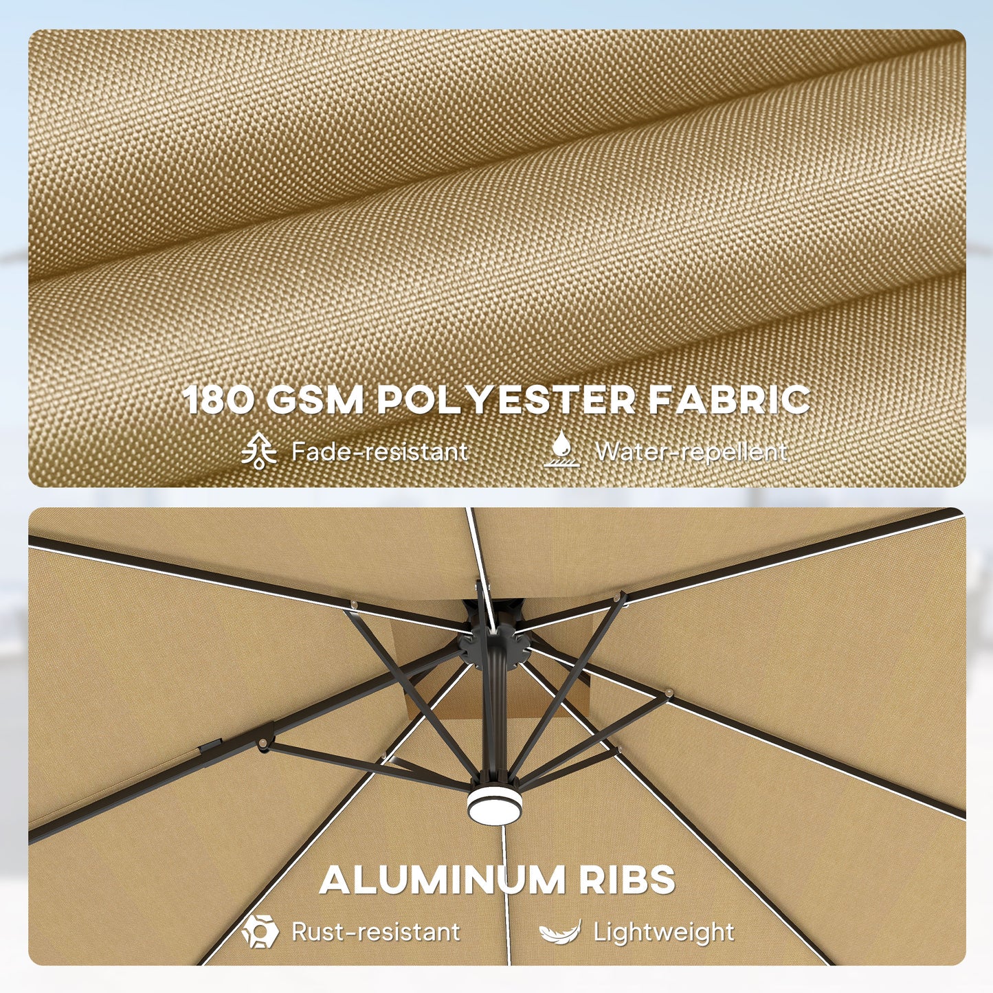 Outsunny 2.5m Cantilever Parasol With Solar Powered LED Lights 360 Degree Rotation Tilt Adjustment Crank Khaki