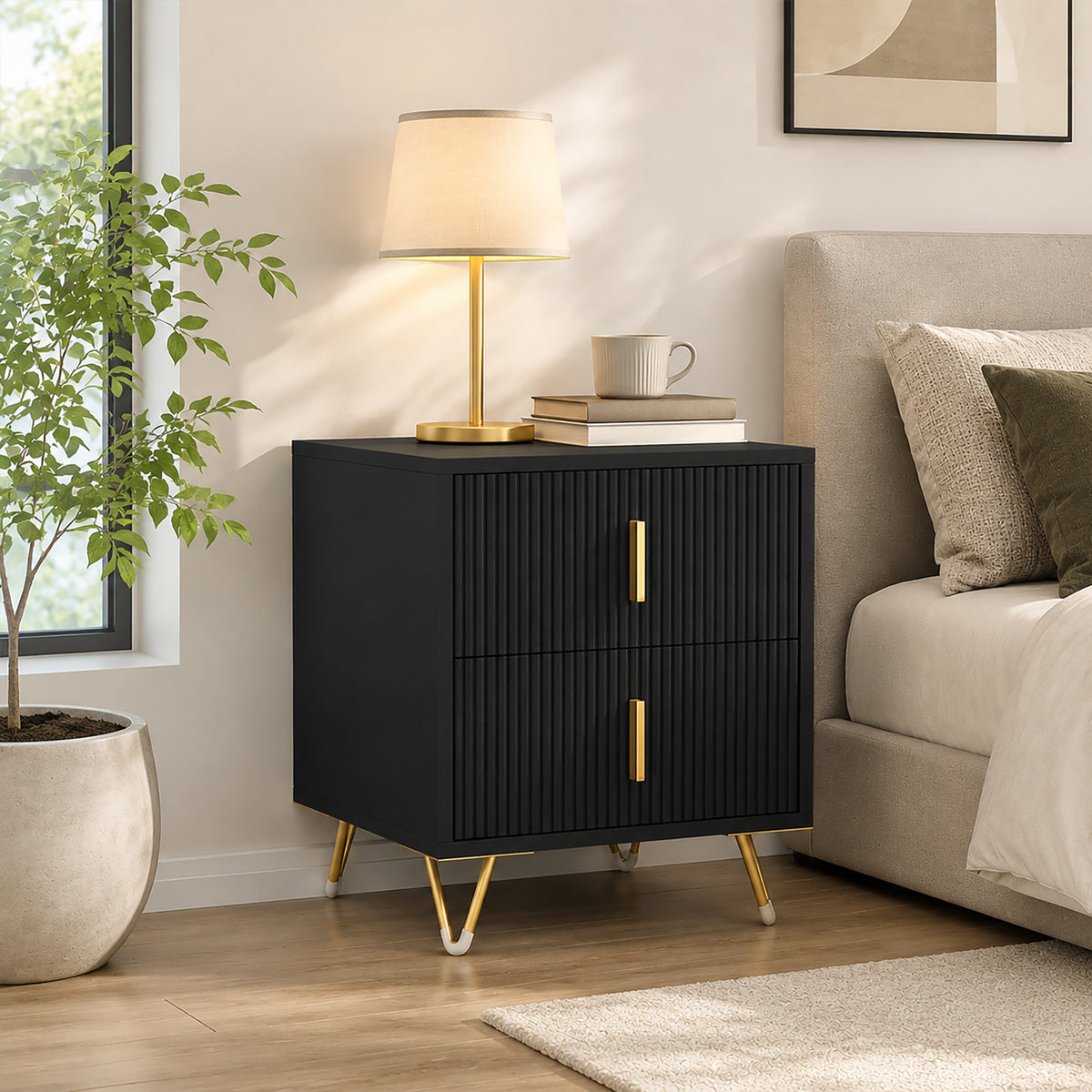 Homcom Elegant Fluted Bedside Table With Two Drawers And Gold Handles
