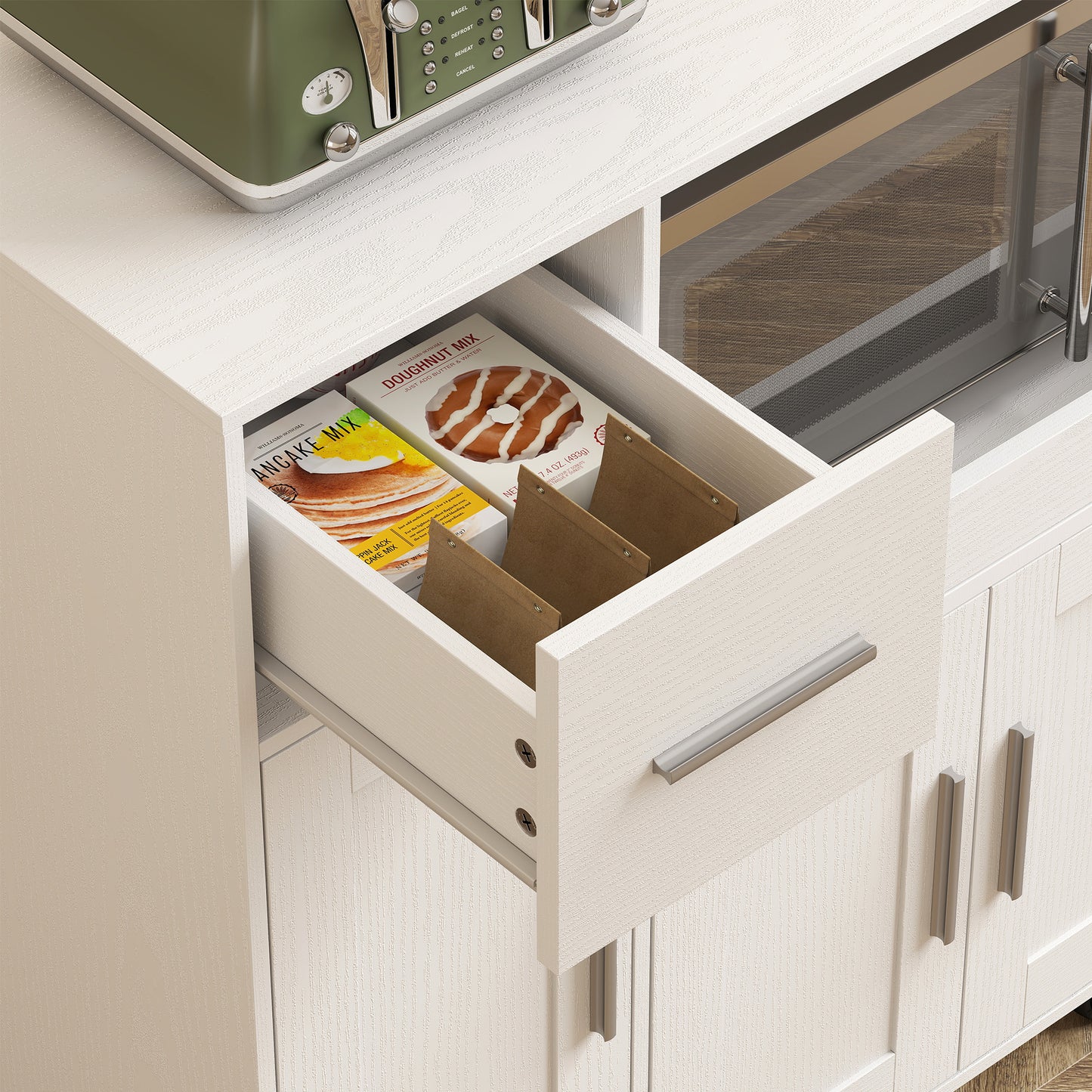 HOMCOM Rolling Kitchen Cart Microwave Cabinet With Sliding Tray Drawer And Three Door Cupboards White
