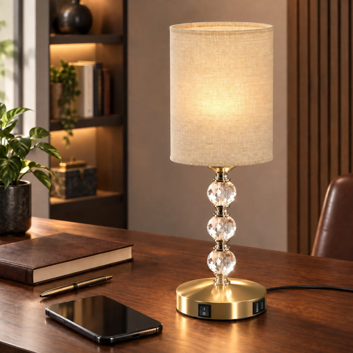 Crystal bedside table lamp with beige fabric shade and stacked clear glass crystal base