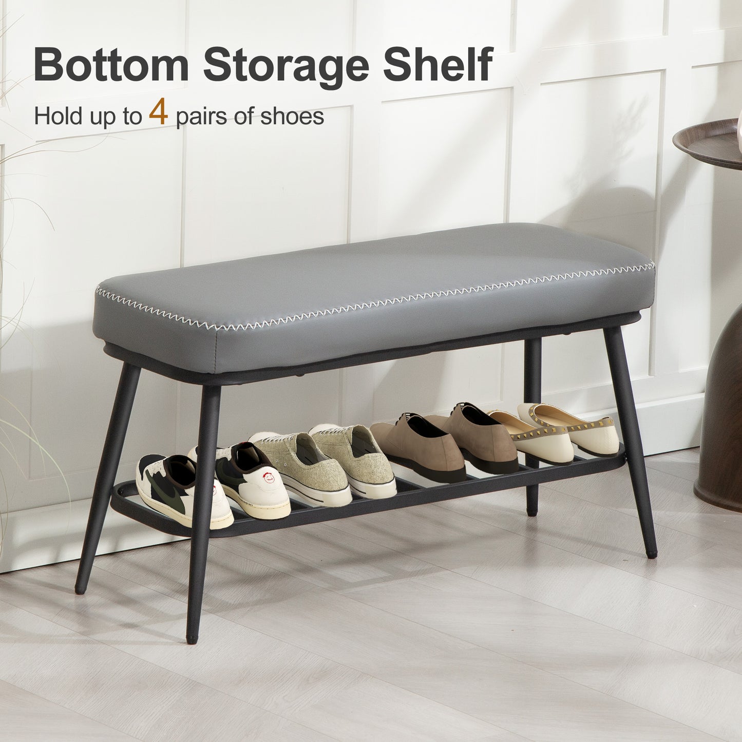 HOMCOM PU Leather Shoe Storage Bench With 7cm Cushioned Seat In Grey Holds Up To 120 Kg