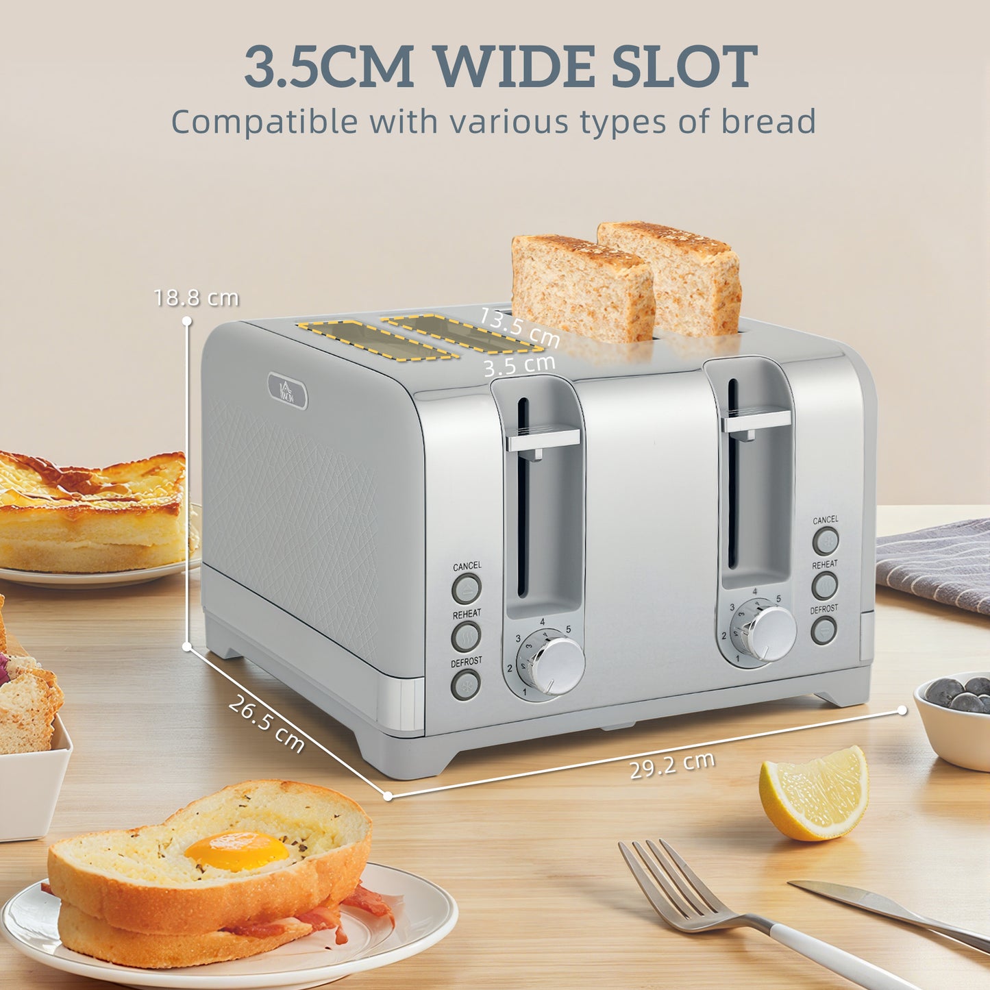 HOMCOM Sleek Textured Kettle And Four Slice Toaster Set In Grey With Otter Thermostat