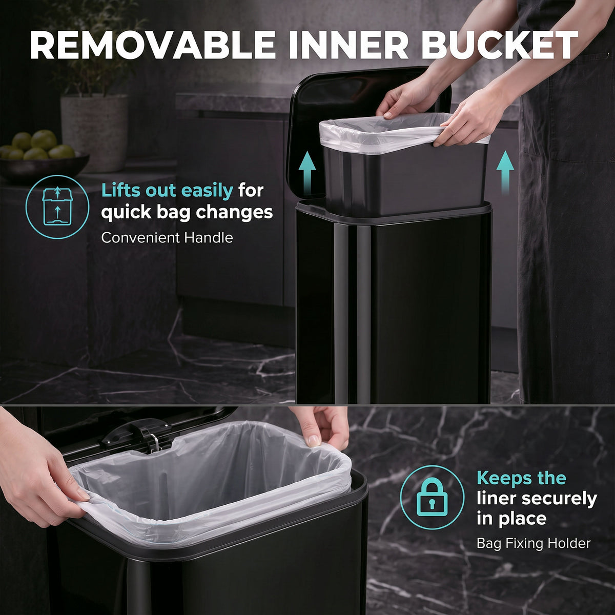 Black pedal bin with removable inner bucket and plastic liner secured