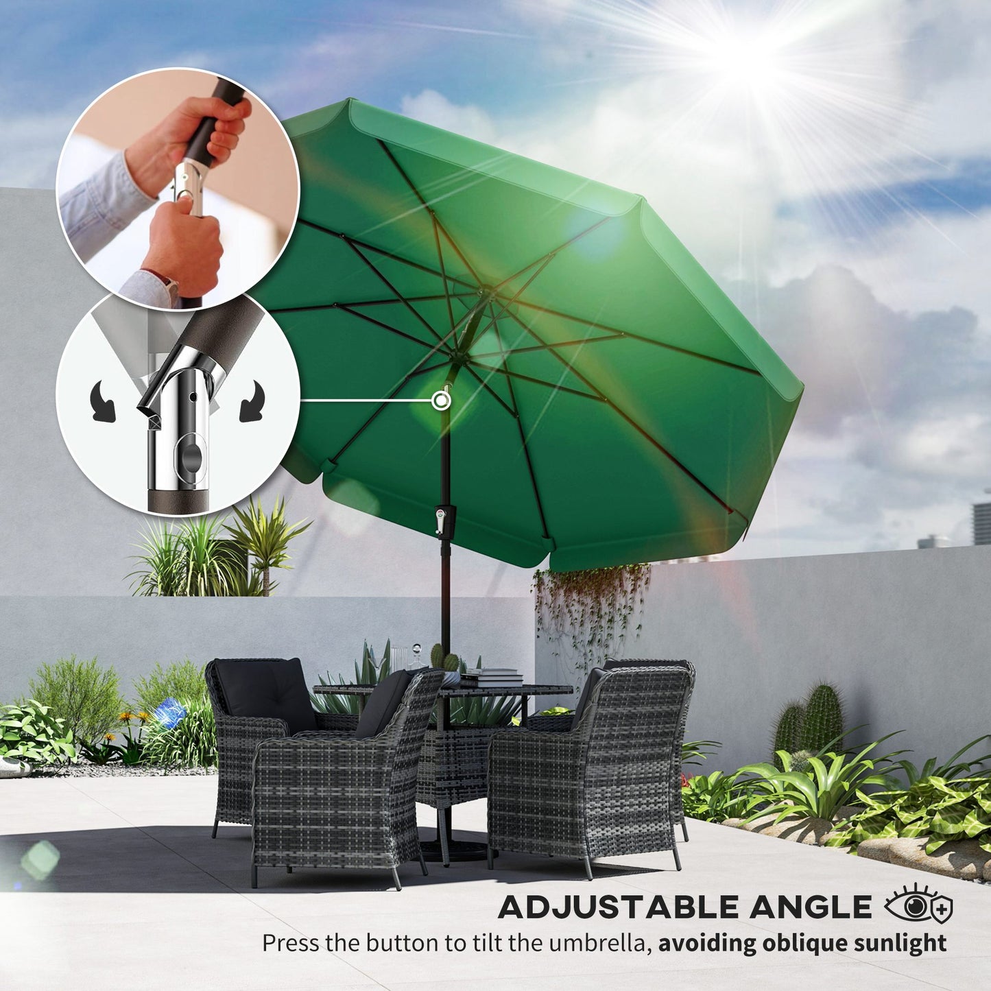 Outsunny 3m Garden Parasol With Tilt Mechanism And Crank Handle UPF 30 Sun Protection Patio Umbrella Table Green