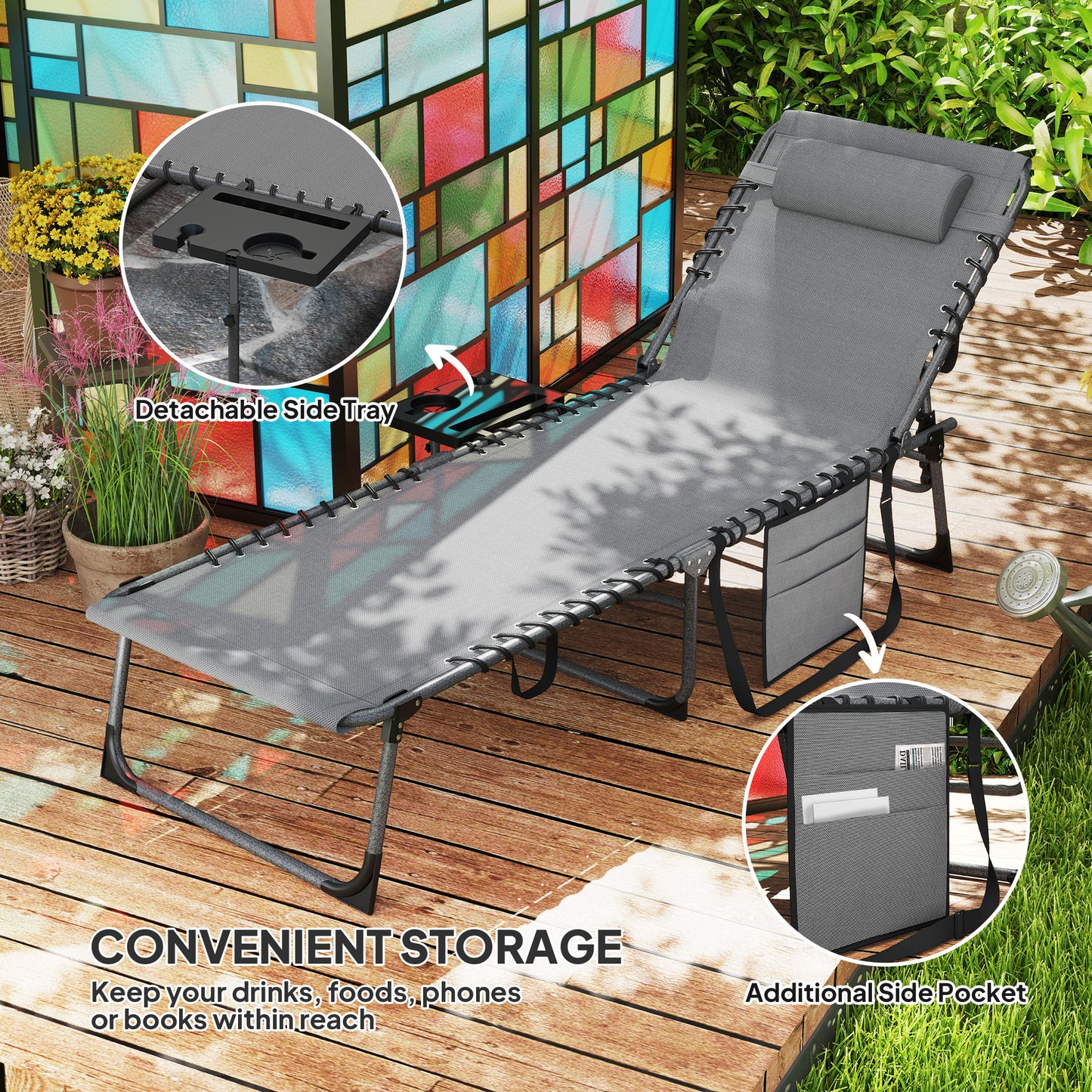 Outsunny Five Position Reclining Sun Lounger Grey With Removable Pillow Durable Steel Frame Outdoor Patio