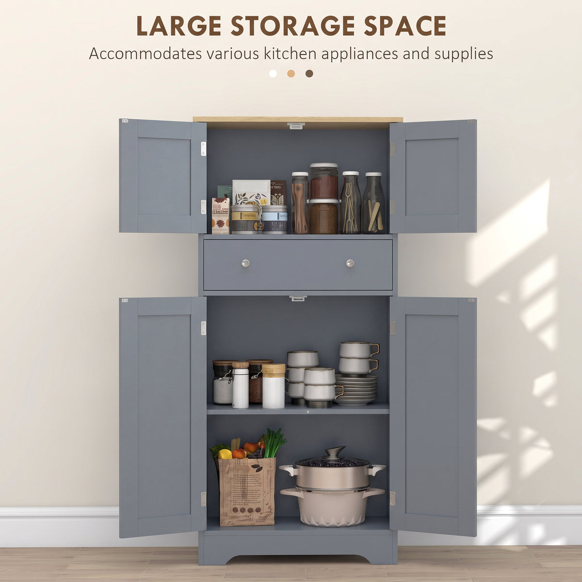 HOMCOM Grey Blue Freestanding Kitchen Cabinet With Doors Drawer And Shelves