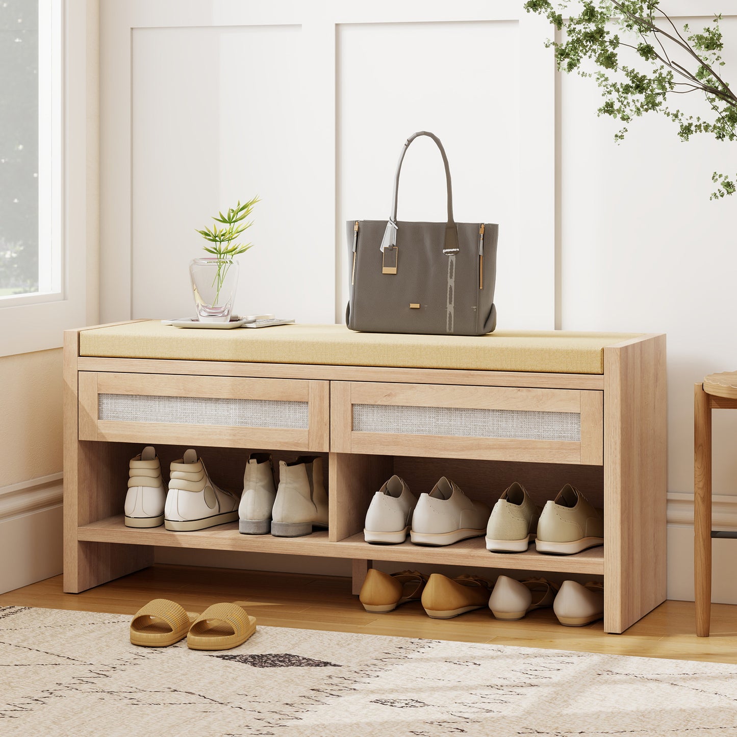 HOMCOM Boho Shoe Bench With 2 Rattan Drawers Cushioned Seat Open Shelf Oak Wood Effect
