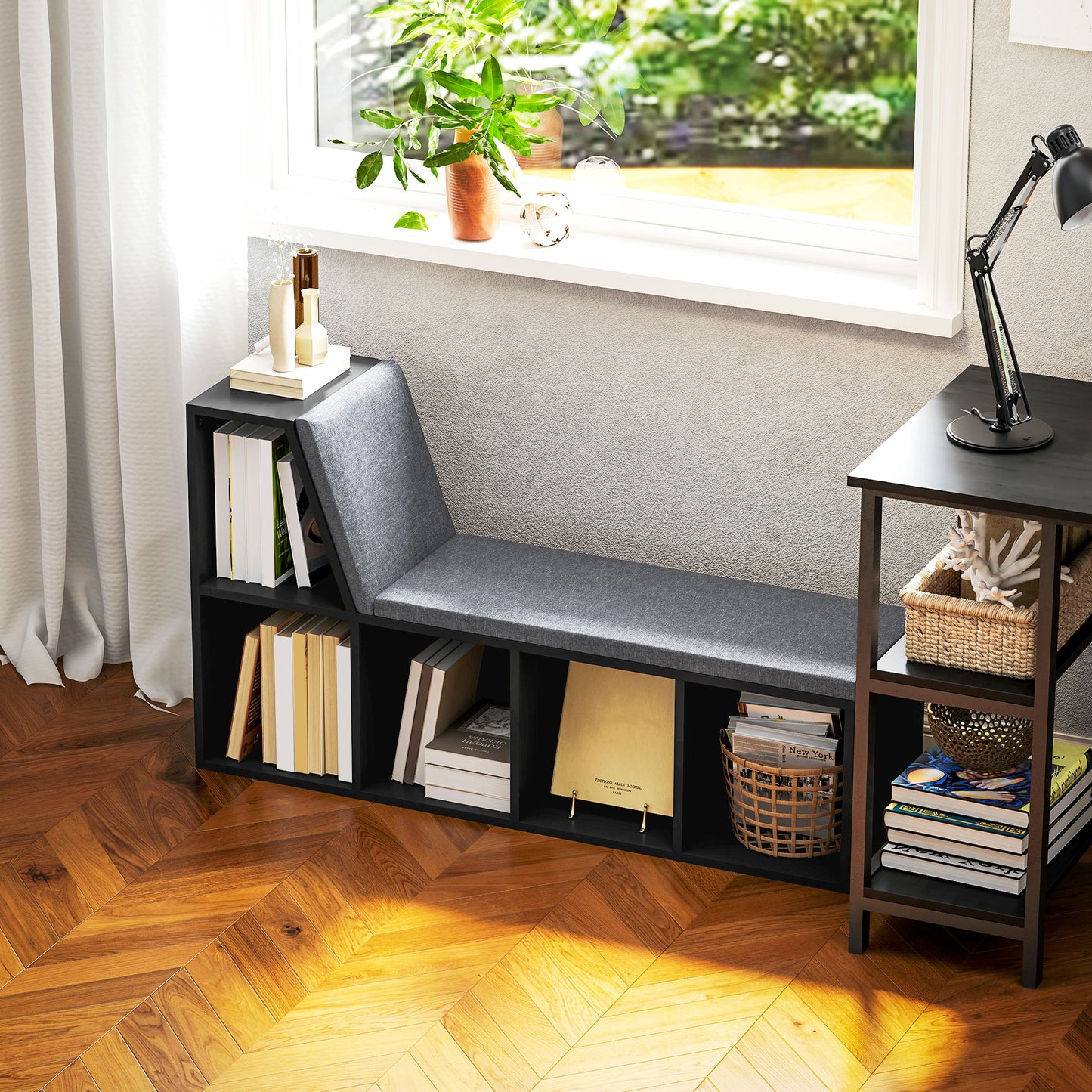 HOMCOM 2 Tier Modern Bookcase With Removable Cushions Storage Shelf For Living Room